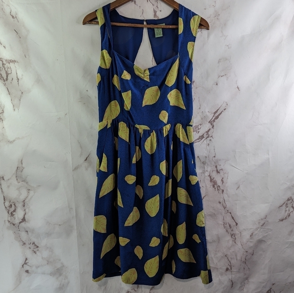Anthropologie Dress Womens Medium Silk Blue Maple Leaf Print Mini V Neck Maple